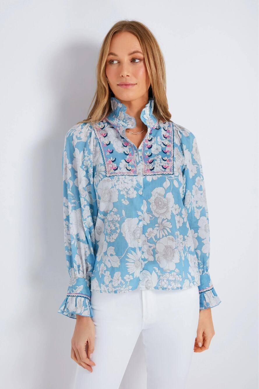 Antik Batik Blue Peony Blouse $205 Women's size‎ medium
